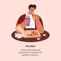 Man eating pizza and soda, hungry character gluttony, eating disorder Fast food addiction, Bulimia cartoon vector poster