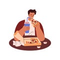 Man eating pizza and soda, hungry character gluttony, eating disorder, Fast food addiction vector illustration isolated