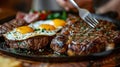 Fork Digging into A Plate Filled with Steak and Eggs. Generative AI Royalty Free Stock Photo