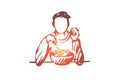 Man, eating, salad, food, nutrition concept. Hand drawn isolated vector.