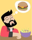 Man eating a salad but imagining a hamburger vector illustration