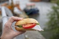 Man eating typical North German fish bun with herring, onions, cucumber and a tomato