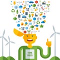 Man with ecology icons in his head, think green