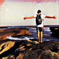 Man on the edge of the cliff by the sea. Open arms pose. Sky and ocean landscape in bold painting style.