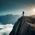 Man on the edge of the top of a mountain - ai generated image Royalty Free Stock Photo