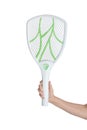 Man with electric fly swatter on white background, closeup. Insect killer Royalty Free Stock Photo