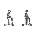 Man on electric scooter line and solid icon, electric transport concept, kick scooter ride vector sign on white Royalty Free Stock Photo