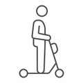 Man on electric scooter thin line icon, electric transport concept, kick scooter ride vector sign on white background Royalty Free Stock Photo