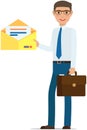 Man with electronic newsletter, digital envelope. Businessman receives email, contract via internet
