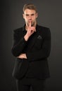 Man elegant manager wear black formal outfit on dark background. Reasons black is the only color worth wearing. Elegance