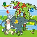 Man And Elephant In Tropical Landscape.