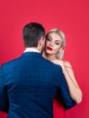 Man embrace sexy woman. sensual couple in love. love and romantic relationship. girlfriend and boyfriend on date. formal Royalty Free Stock Photo