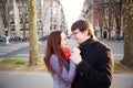 Man embraces woman. loving couple on a walk in setting sun. romantic journey