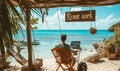 Man embracing digital nomad lifestyle with remote work setup on a tropical beach, showcasing the balance between work and