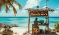 Man embracing digital nomad lifestyle with remote work setup on a tropical beach, showcasing the balance between work and