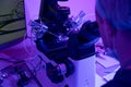 Man embryologist working with micromanipulator looking at microscope