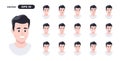 Man emotions set. Cartoon people face. Young boy. Cute male character for animation. Different facial expressions collection.