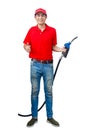 Man employee oil station wear red shirt and hat holding holding nozzle fuel fill oil isolated on white background.