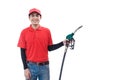 Man employee oil station wear red shirt and hat holding holding nozzle fuel fill oil isolated on white background.