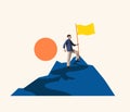 Man, employee standing on the top of mountain with flag symbolizing professional success. Motivation, success, career