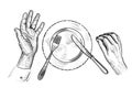 Man with empty plate. Hands, plate, fork, knife, top view. Vector line illustration.