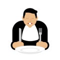 Man and empty plate Template. Guy holding spoon and fork with empty dish before meal