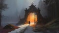 Man in the enchanted forest with fantasy gate