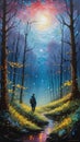 A man in enchanted forest, seems to come alive at night, twilight sky, moon, sparkling stars, painting art of nature