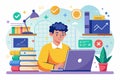 The man is engaged in online mathematics study at home, using his laptop while surrounded by books, Man studying math online, flat Royalty Free Stock Photo