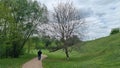 A man is engaged in sports walking in the park in the summer. Royalty Free Stock Photo