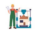 Man engineer cartoon character printing house model craft project on 3d printer isolated on white