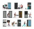 Man engineer, technician working in server room. Digital computer center support, data storage. Vector cartoon