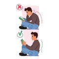 Man Engrossed In A Book Sits On Floor With Proper And Improper Body Postures. Right Pose Involves Sitting