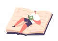 Man Engrossed In Reading Lying on Huge Open Book. Male Character Immersed In A World Of Words, Vector Illustration