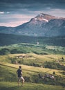 Man enjoy carpathian village. Instagram stylization Royalty Free Stock Photo