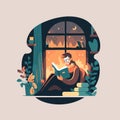 Man enjoy shit down reading a book hygge concept vector flat color Royalty Free Stock Photo