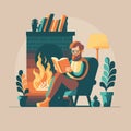 Man enjoy shit down reading a book hygge concept vector flat color