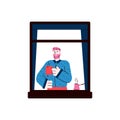 Man enjoying coffee in house window frame sketch vector illustration isolated. Royalty Free Stock Photo