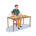 Man Enjoying Delicious Meal. Man is Eating Thai Seafood on Table. Table Full of Food with Thai Seafood. Flat vector cartoon