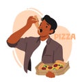 Man Enjoying Delicious Slice Of Pizza, With Melted Cheese And Savory Toppings. Male Character In Pizza Restaurant