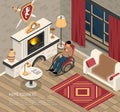 Man enjoying home cosiness in rocking chair with drink near fire place isometric Royalty Free Stock Photo
