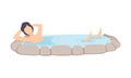 Man enjoying outdoor thermal spring, guy relaxing in hot water in bath tub vector Illustration on a white background Royalty Free Stock Photo