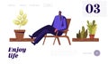 Man Enjoying Relaxation at Home with Potted Plants Landing Page Template. Relaxed Male Character Relax on Winter Garden