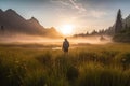 man enjoying a sunrise hike through the misty meadow, with mountain peaks in the background