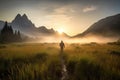 man enjoying a sunrise hike through the misty meadow, with mountain peaks in the background