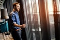 Man enjoying view from luxurious hotel room Royalty Free Stock Photo