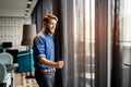 Man enjoying view from luxurious hotel room Royalty Free Stock Photo