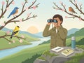 Man enjoys birdwatching during springtime in a park using binoculars Royalty Free Stock Photo