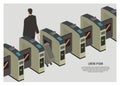 A man entering automatic gate machine. Simple flat illustration.