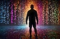 man entering or walking into future digital world, businessman on binary code background, digital world concept